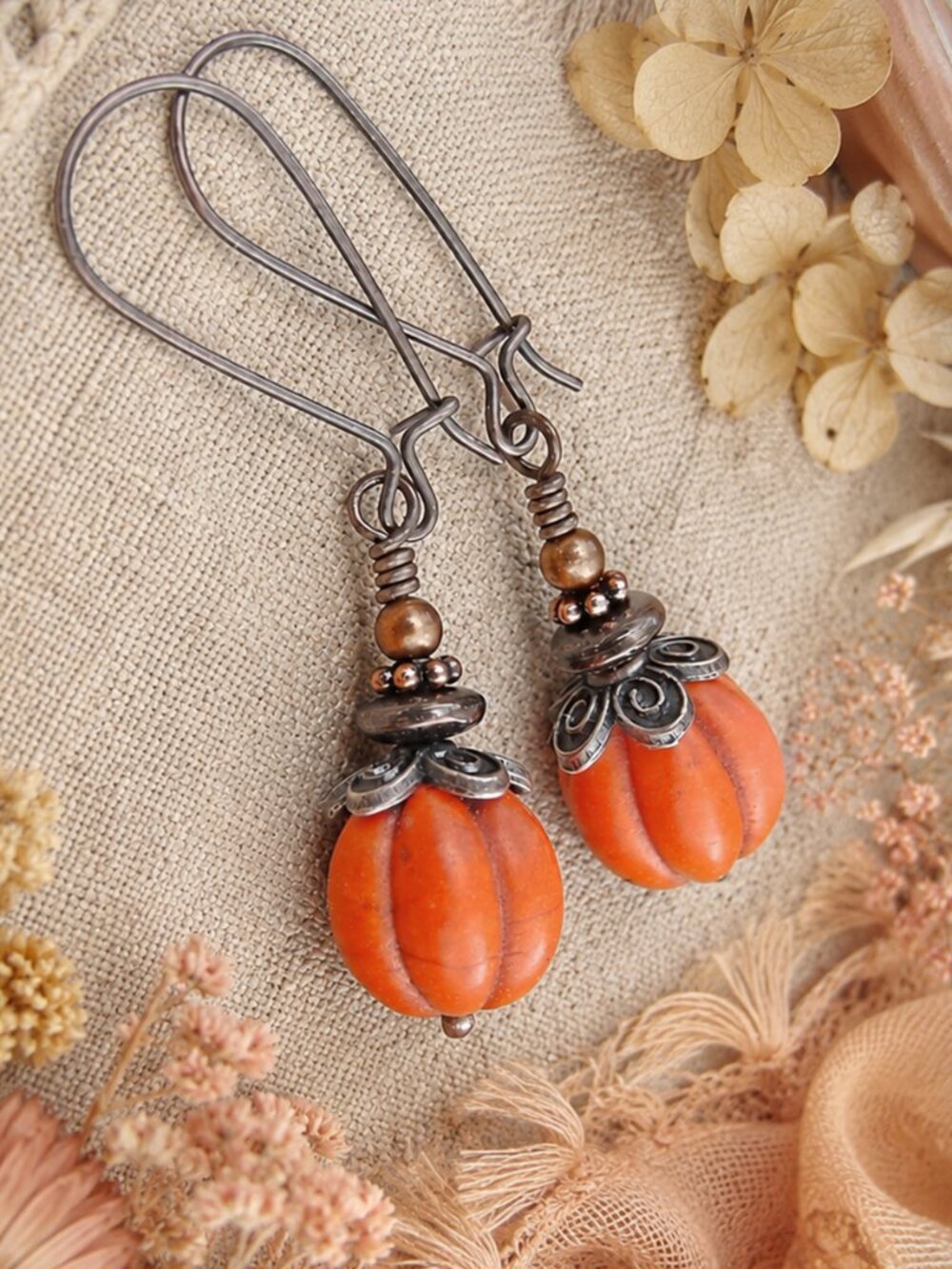 Pumpkin Earrings Fall Halloween Orange Stone Boho Copper Dangle Handmade Autumn